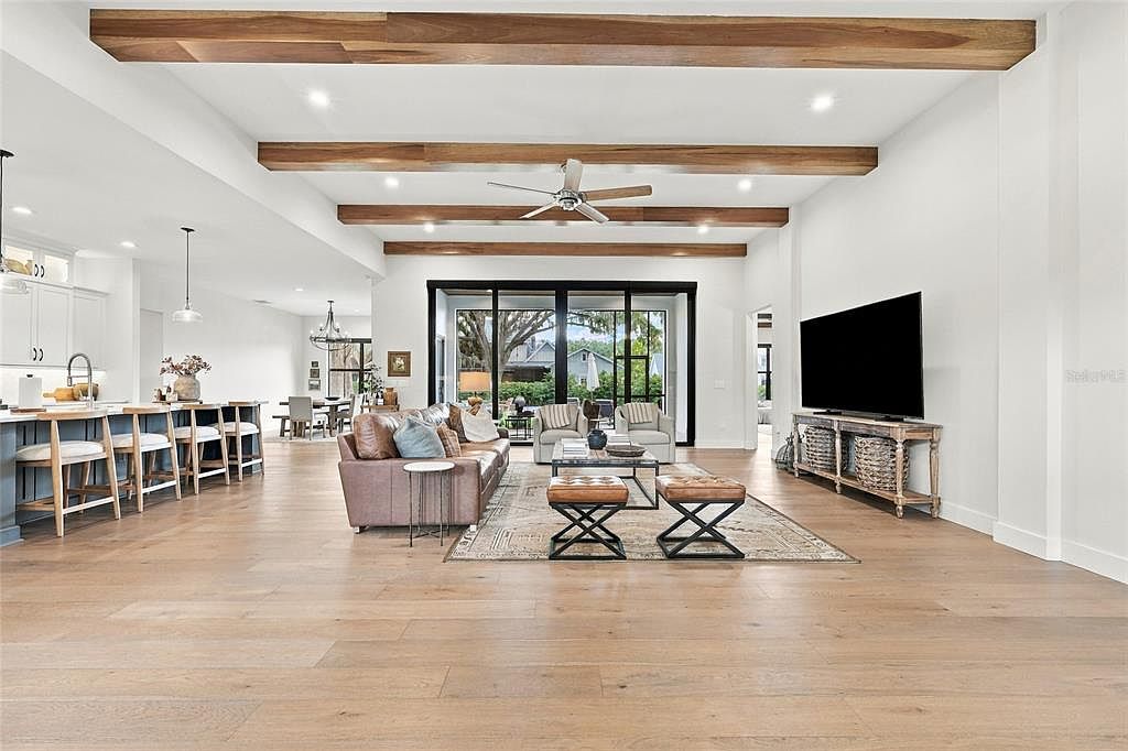 Great room with exposed timber beams